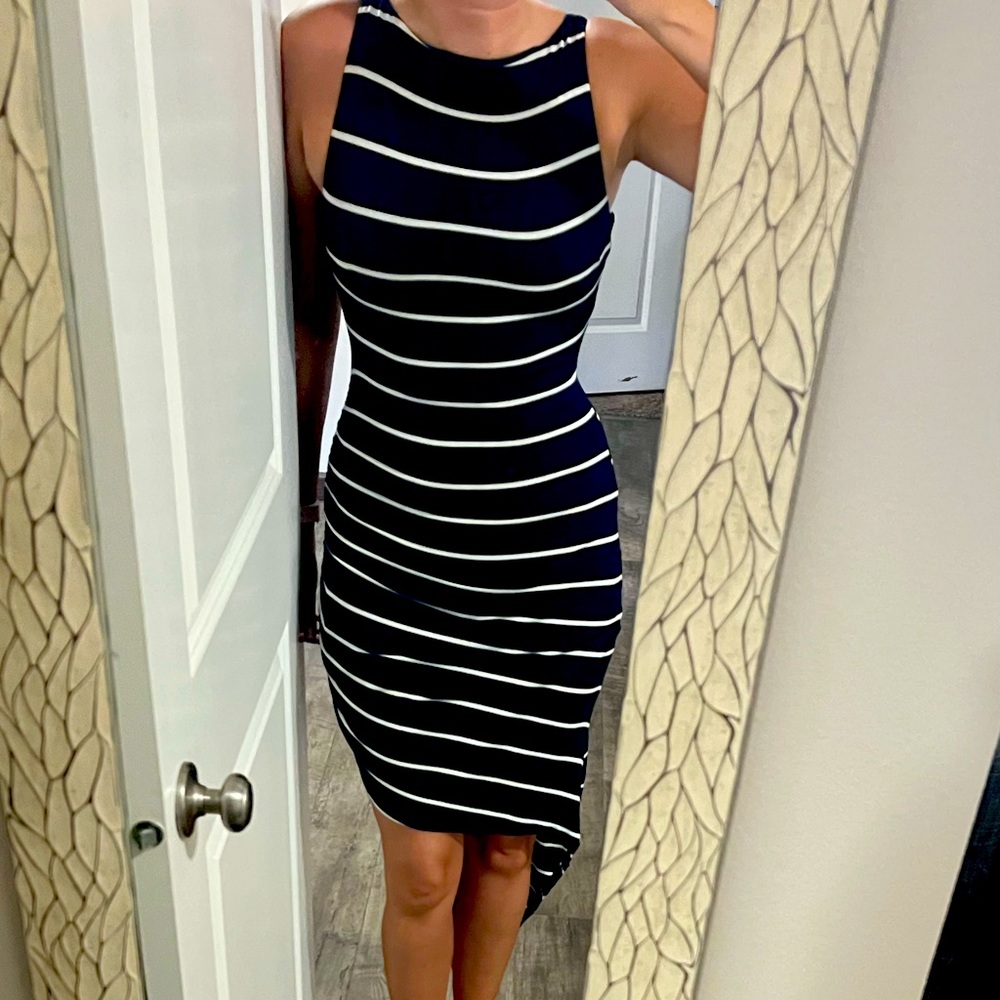 Bebe asymmetric dress navy with white stripes size small